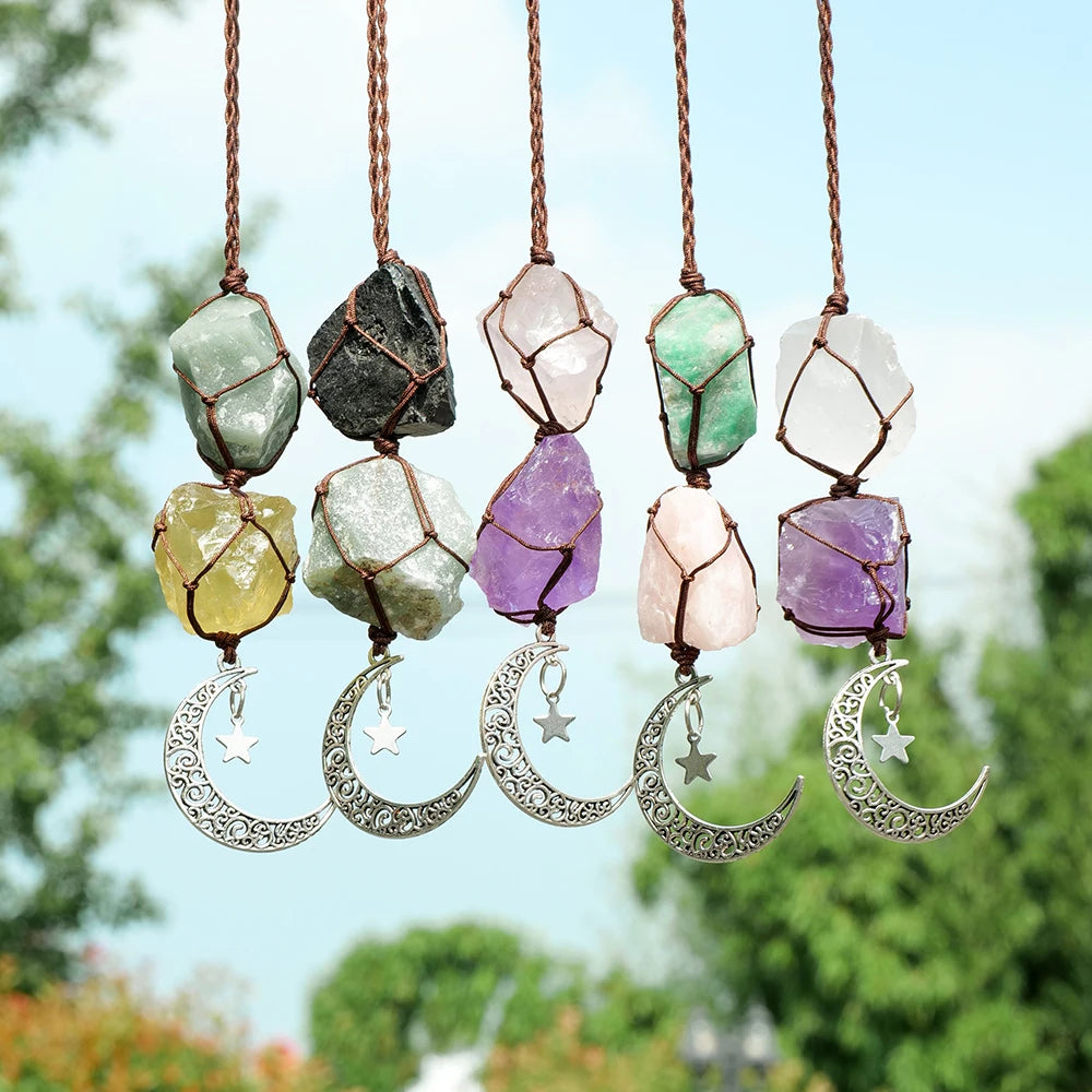 Natural Raw Stone Crystal Chakra Pendant Rose Quartz Amethyst Net Bag Home Wall Hanging Decor & Car Pendant Ornament Gift