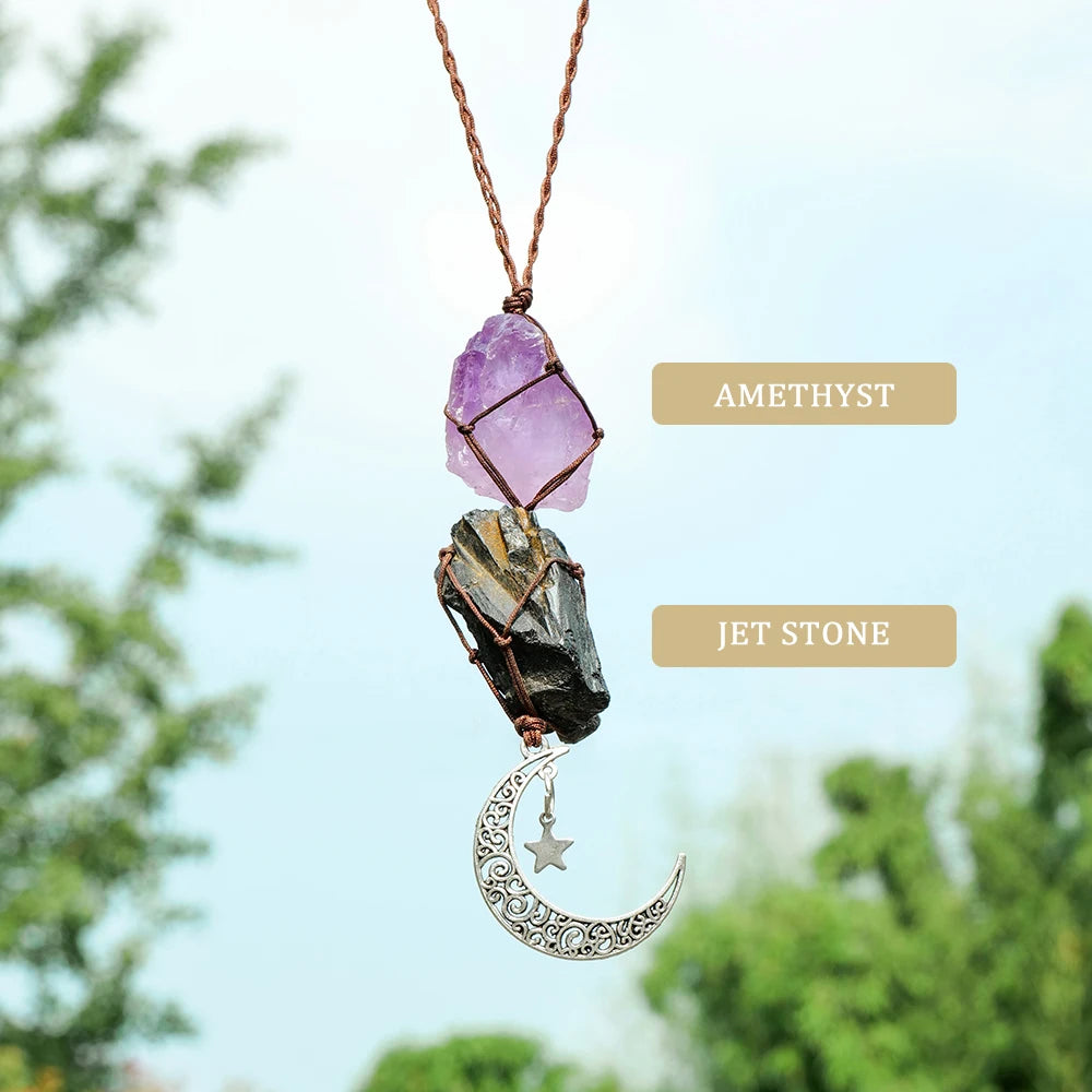 Natural Raw Stone Crystal Chakra Pendant Rose Quartz Amethyst Net Bag Home Wall Hanging Decor & Car Pendant Ornament Gift