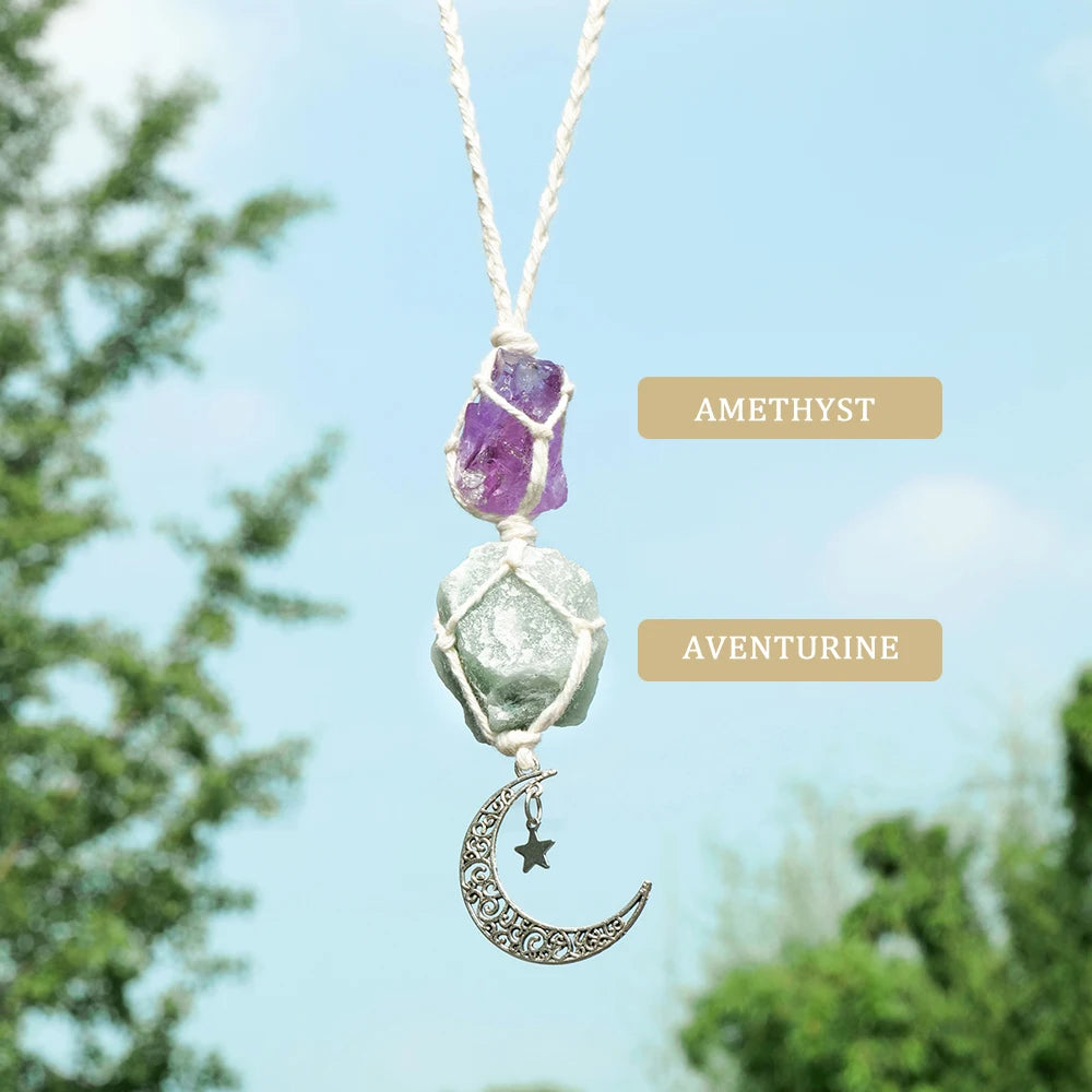 Natural Raw Stone Crystal Chakra Pendant Rose Quartz Amethyst Net Bag Home Wall Hanging Decor & Car Pendant Ornament Gift