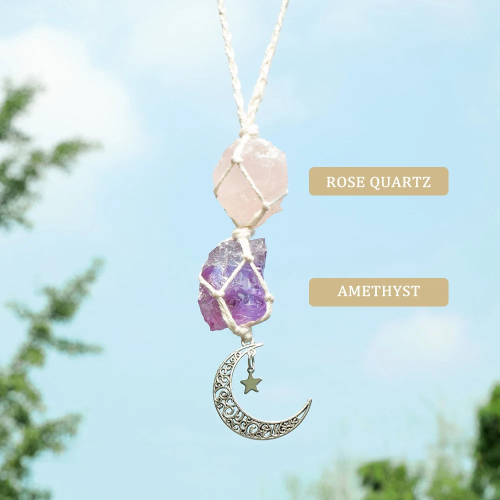 Natural Raw Stone Crystal Chakra Pendant Rose Quartz Amethyst Net Bag Home Wall Hanging Decor & Car Pendant Ornament Gift