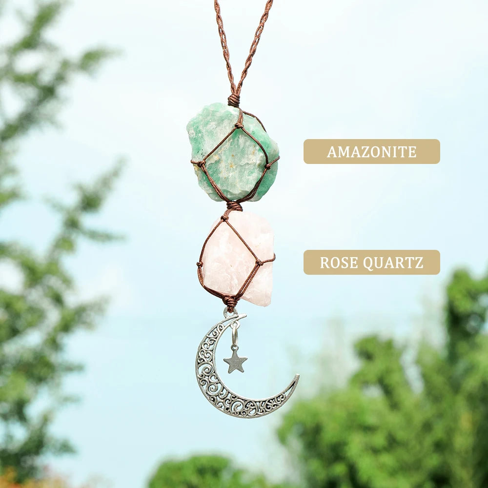 Natural Raw Stone Crystal Chakra Pendant Rose Quartz Amethyst Net Bag Home Wall Hanging Decor & Car Pendant Ornament Gift