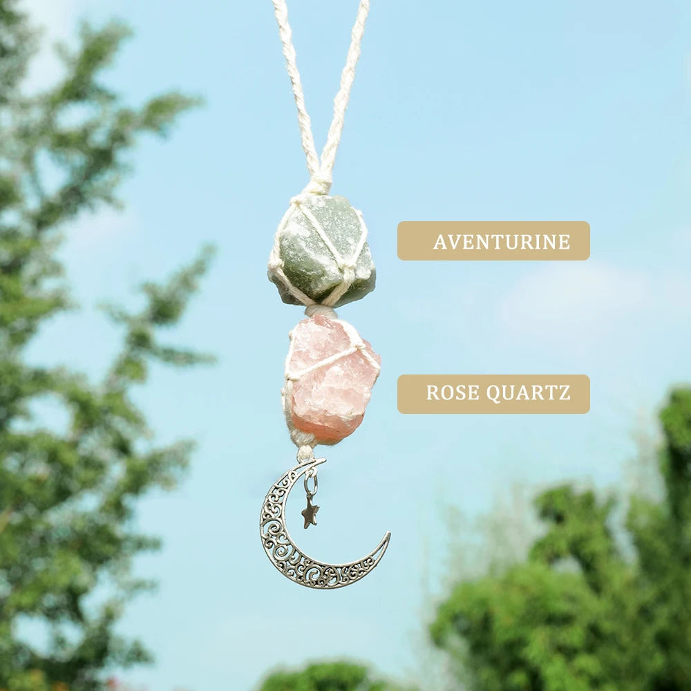 Natural Raw Stone Crystal Chakra Pendant Rose Quartz Amethyst Net Bag Home Wall Hanging Decor & Car Pendant Ornament Gift