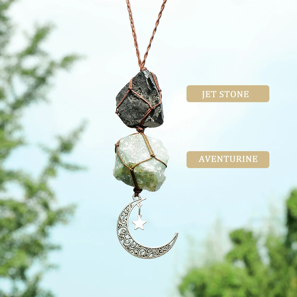 Natural Raw Stone Crystal Chakra Pendant Rose Quartz Amethyst Net Bag Home Wall Hanging Decor & Car Pendant Ornament Gift