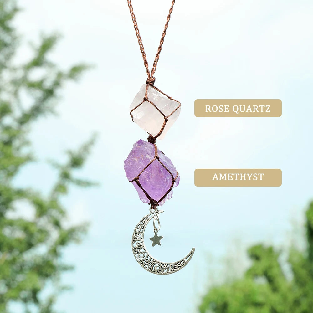 Natural Raw Stone Crystal Chakra Pendant Rose Quartz Amethyst Net Bag Home Wall Hanging Decor & Car Pendant Ornament Gift