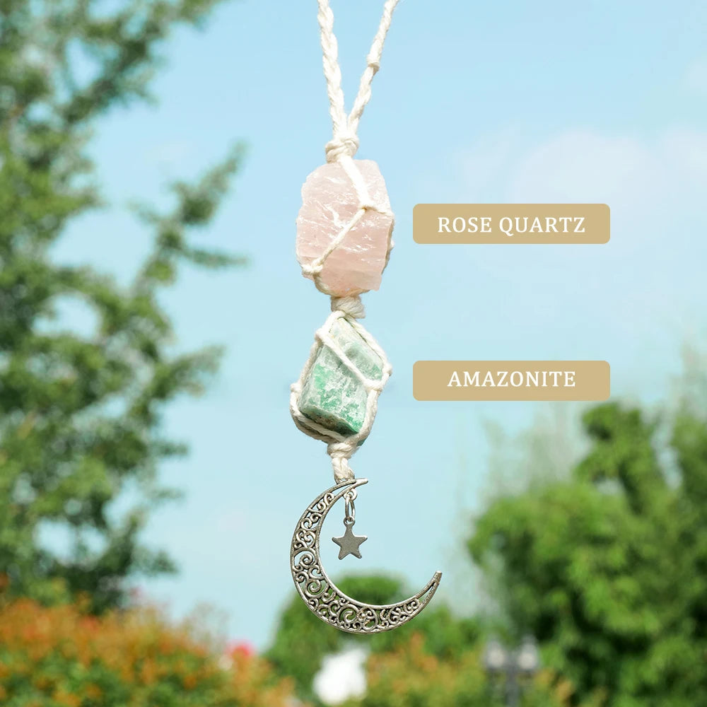 Natural Raw Stone Crystal Chakra Pendant Rose Quartz Amethyst Net Bag Home Wall Hanging Decor & Car Pendant Ornament Gift