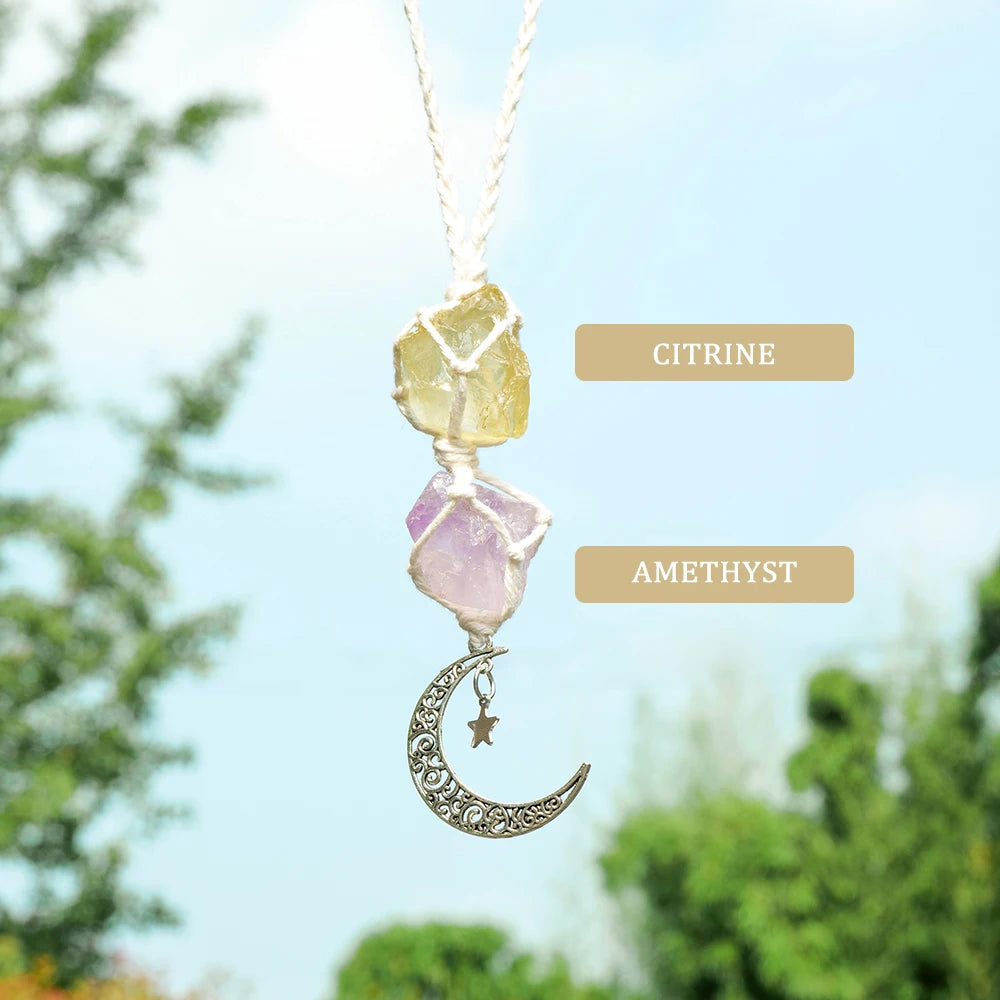 Natural Raw Stone Crystal Chakra Pendant Rose Quartz Amethyst Net Bag Home Wall Hanging Decor & Car Pendant Ornament Gift