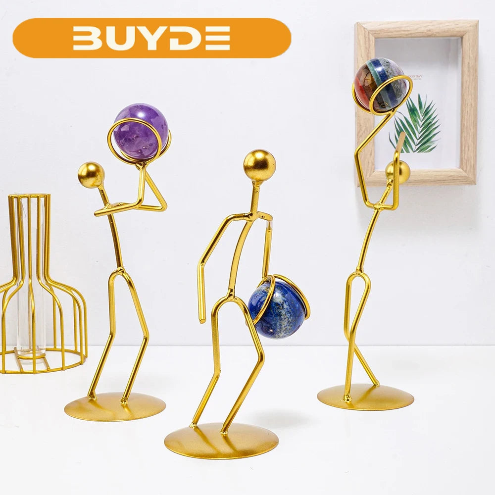 1PC Yellow Bronze Man Sports Ball Natural Crystal Sphere Rose Quartz Healing Gemstone Home Decoration Ornaments