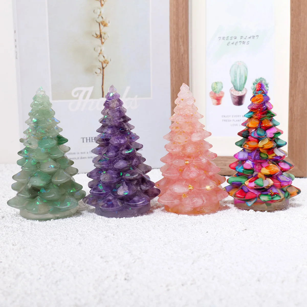 1PC Natural Crystal Gravel Christmas Tree Statue Dropper Resin Reiki Stone Divination Fengshui Sculpture Christmas Home Decor
