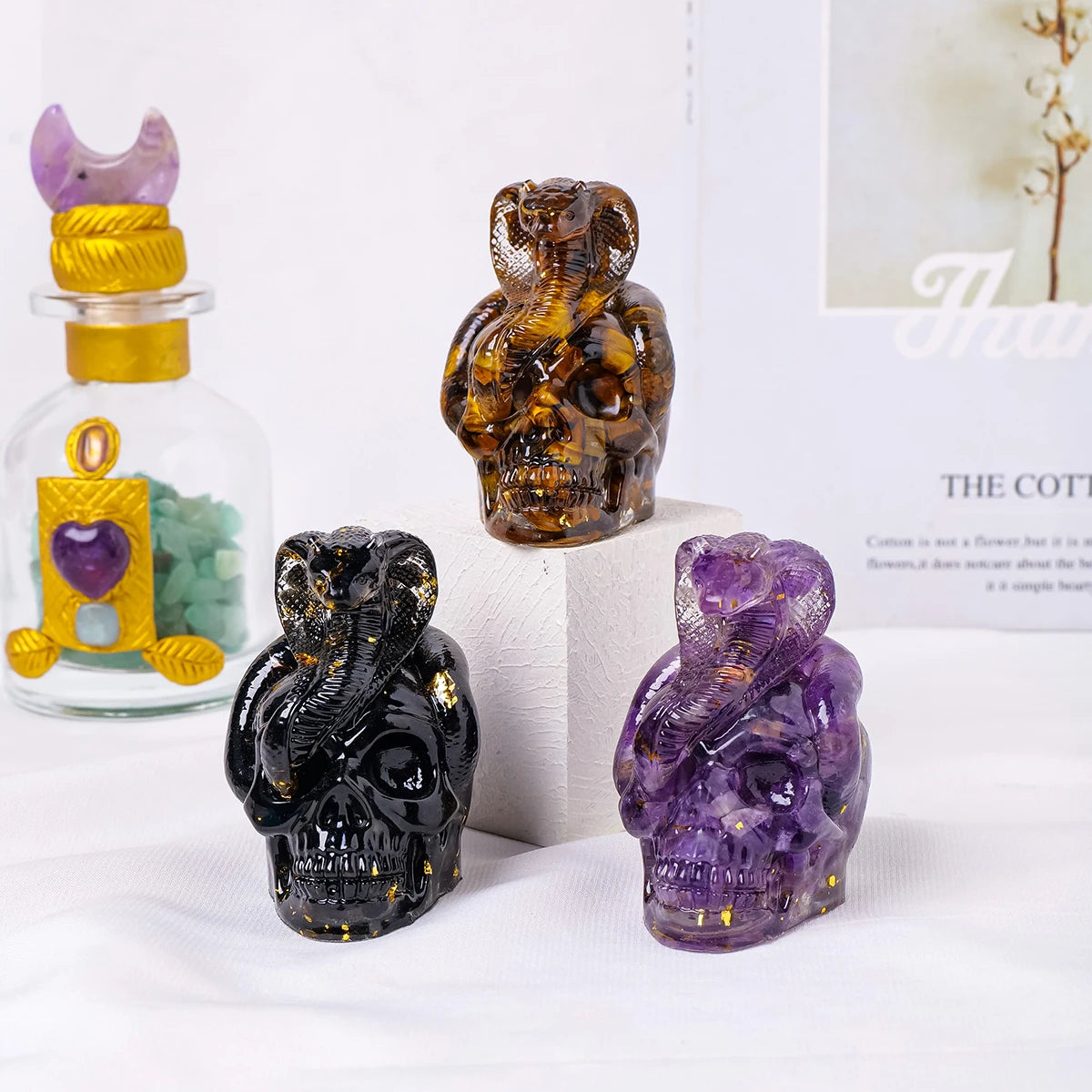 1PC Natural Crystal Gravel Skull Snake Statue Dropper Resin Reiki Stone Easter Gift Fengshui Sculpture Room Home Decoration