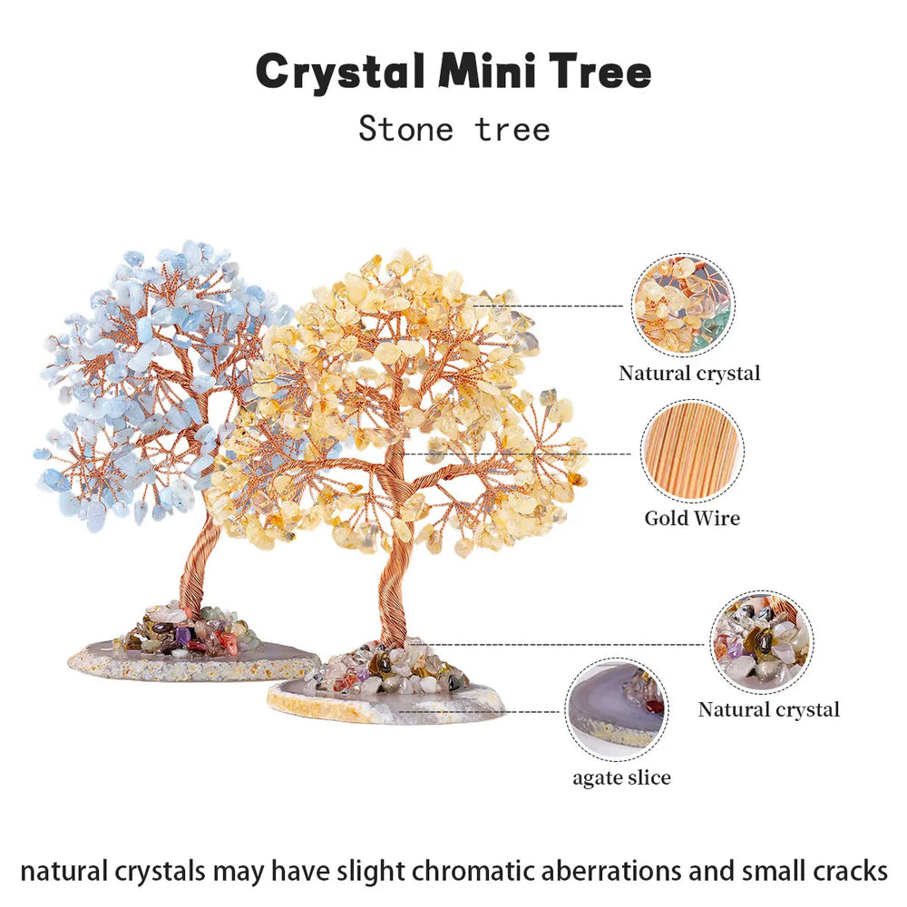 1PC Natural Crystal Lucky Tree Copper Wire Winding Colorful Gravel With Agate Slice Base Home Decoration Money Trees