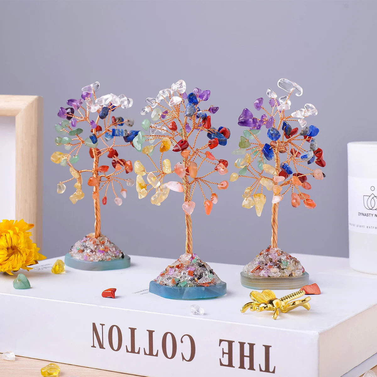 1PC Natural Crystal Lucky Tree Copper Wire Winding Colorful Gravel With Agate Slice Base Home Decoration Money Trees