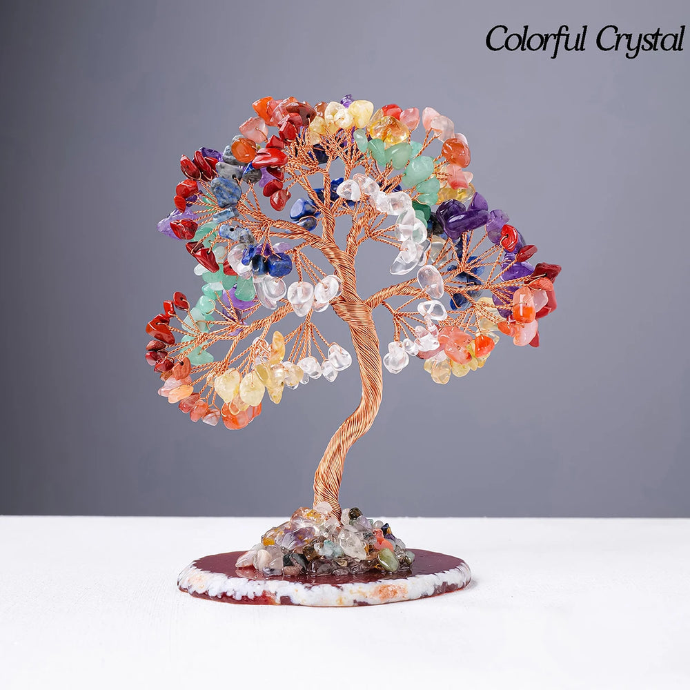 1PC Natural Crystal Lucky Tree Copper Wire Winding Colorful Gravel With Agate Slice Base Home Decoration Money Trees