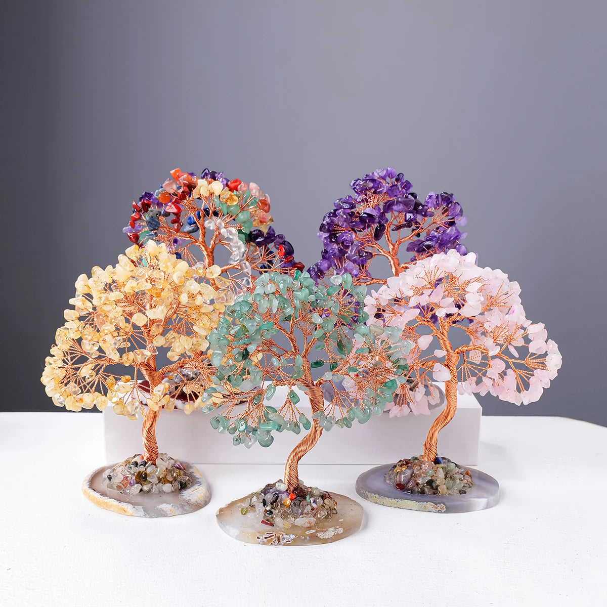 1PC Natural Crystal Lucky Tree Copper Wire Winding Colorful Gravel With Agate Slice Base Home Decoration Money Trees