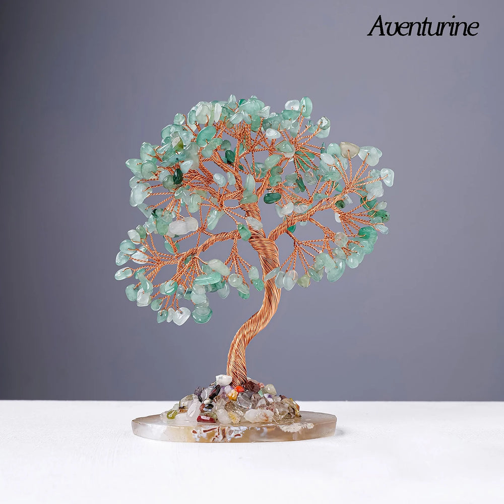1PC Natural Crystal Lucky Tree Copper Wire Winding Colorful Gravel With Agate Slice Base Home Decoration Money Trees