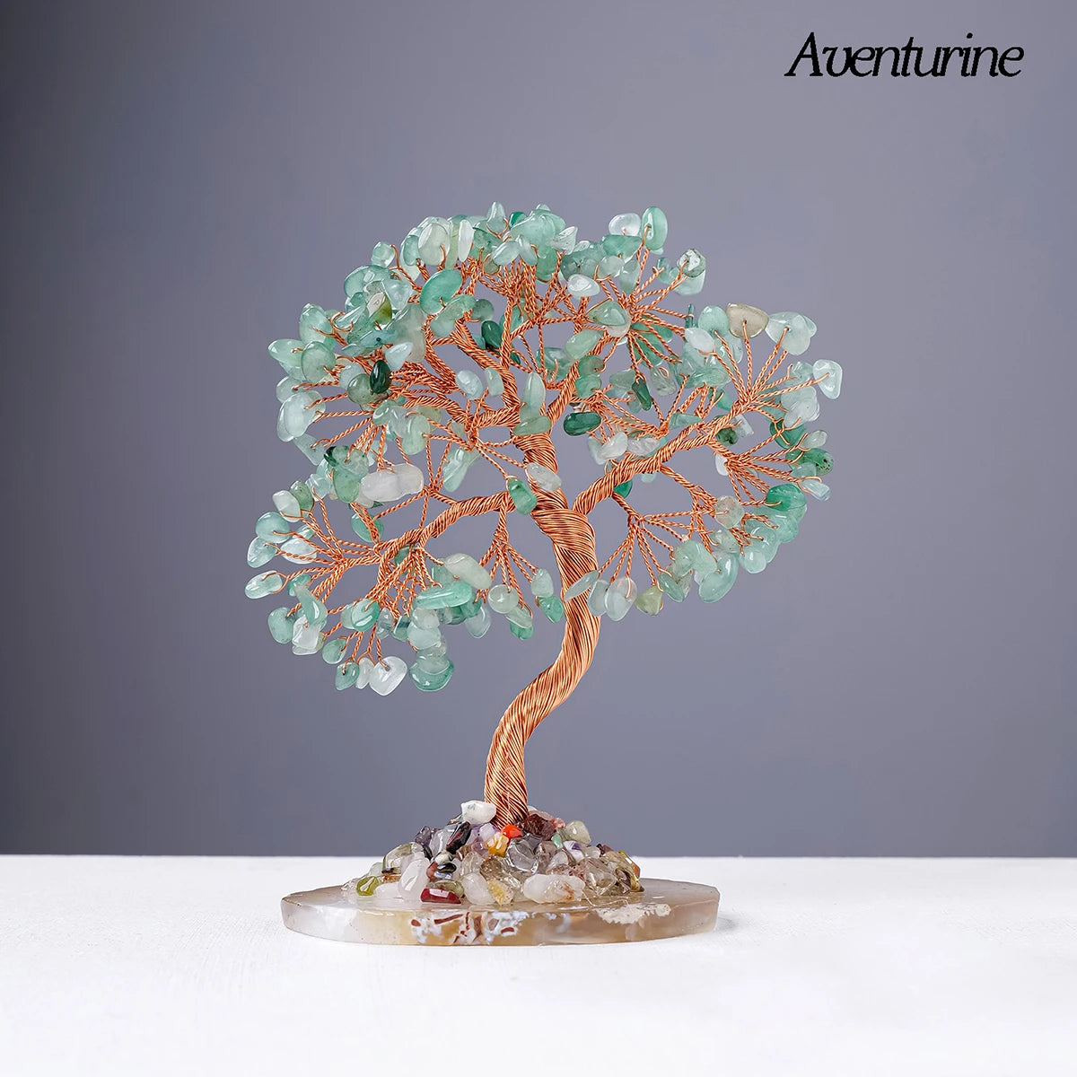 1PC Natural Crystal Lucky Tree Copper Wire Winding Colorful Gravel With Agate Slice Base Home Decoration Money Trees