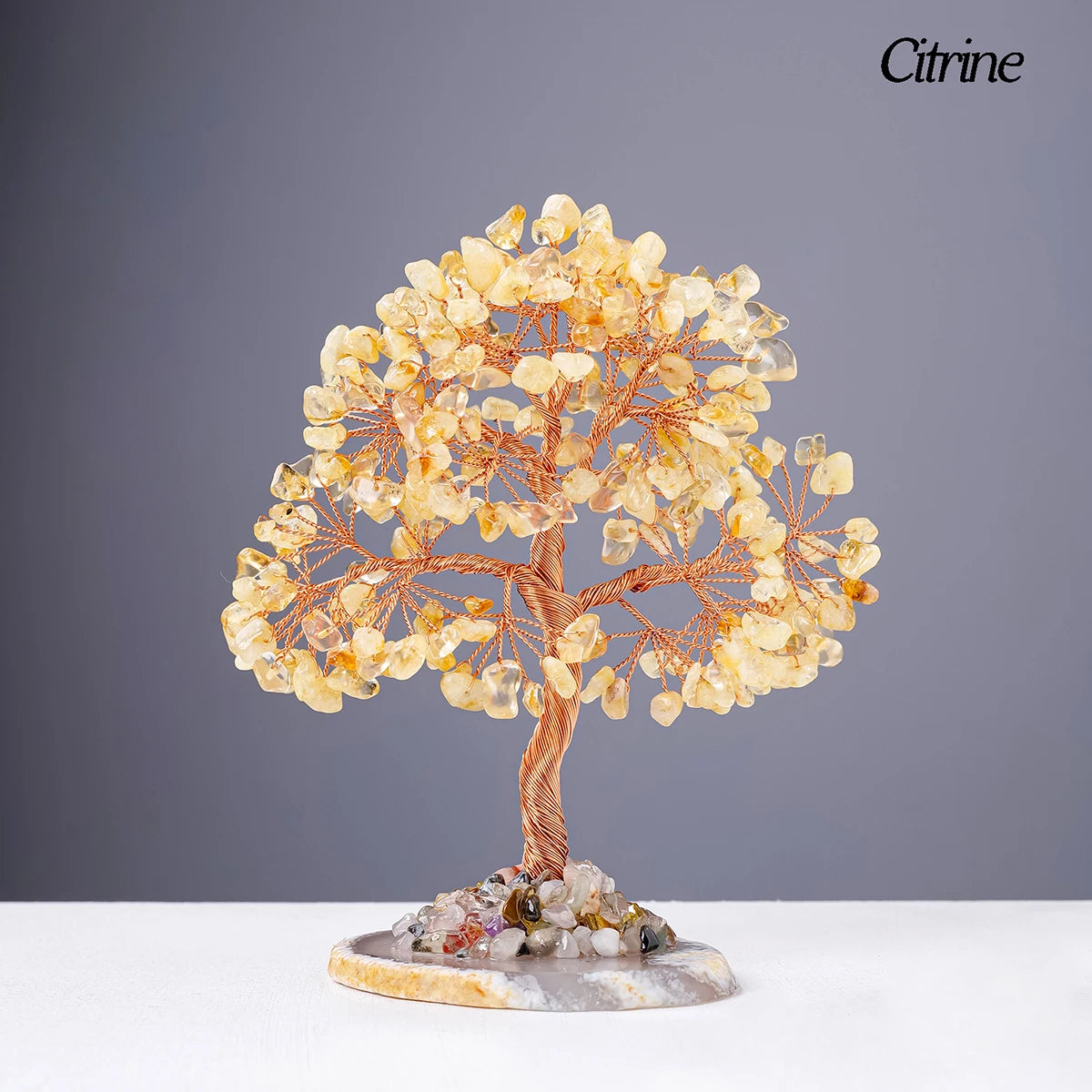 1PC Natural Crystal Lucky Tree Copper Wire Winding Colorful Gravel With Agate Slice Base Home Decoration Money Trees