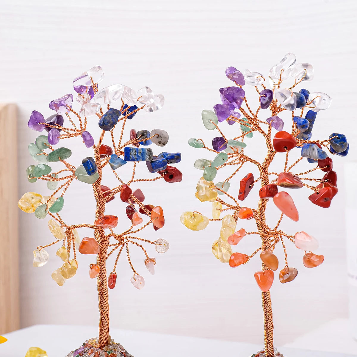 1PC Natural Crystal Lucky Tree Copper Wire Winding Colorful Gravel With Agate Slice Base Home Decoration Money Trees