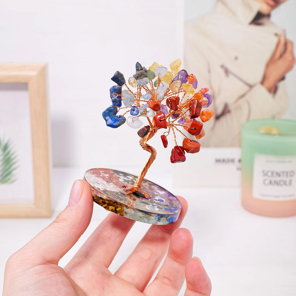 1PC Natural Crystal Lucky Tree Copper Wire Winding Colorful Gravel With Chips Base Home Decoration Money Trees