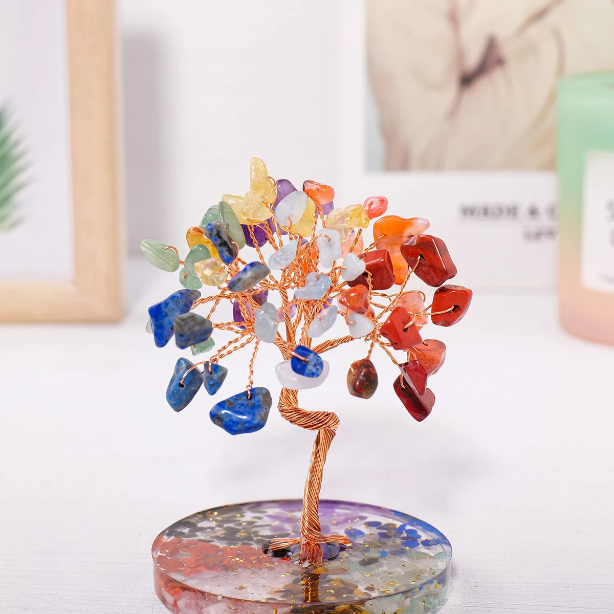 1PC Natural Crystal Lucky Tree Copper Wire Winding Colorful Gravel With Chips Base Home Decoration Money Trees