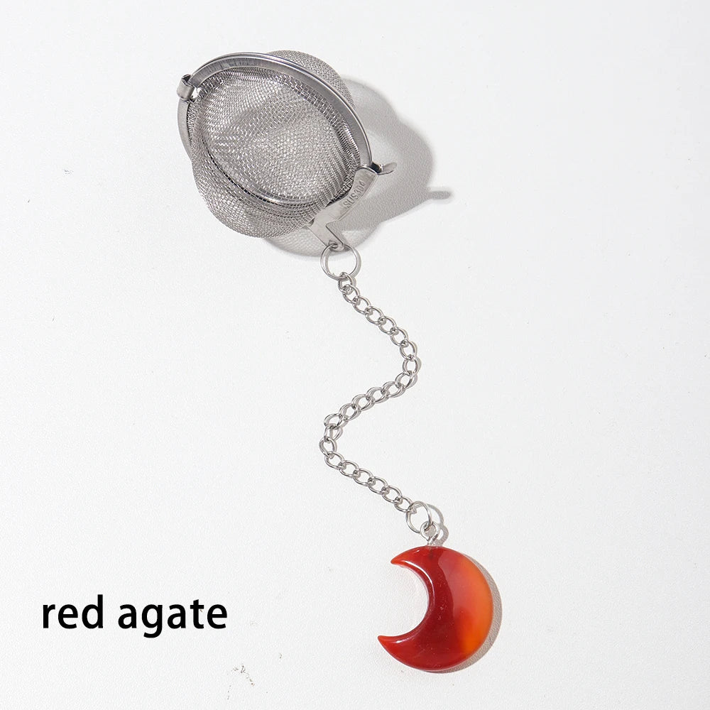 1PC Natural Crystal Moon Sculpture 304 Stainless Steel Tea Maker Tea Filter Moon Type Rose Quartz Pendant Decorative