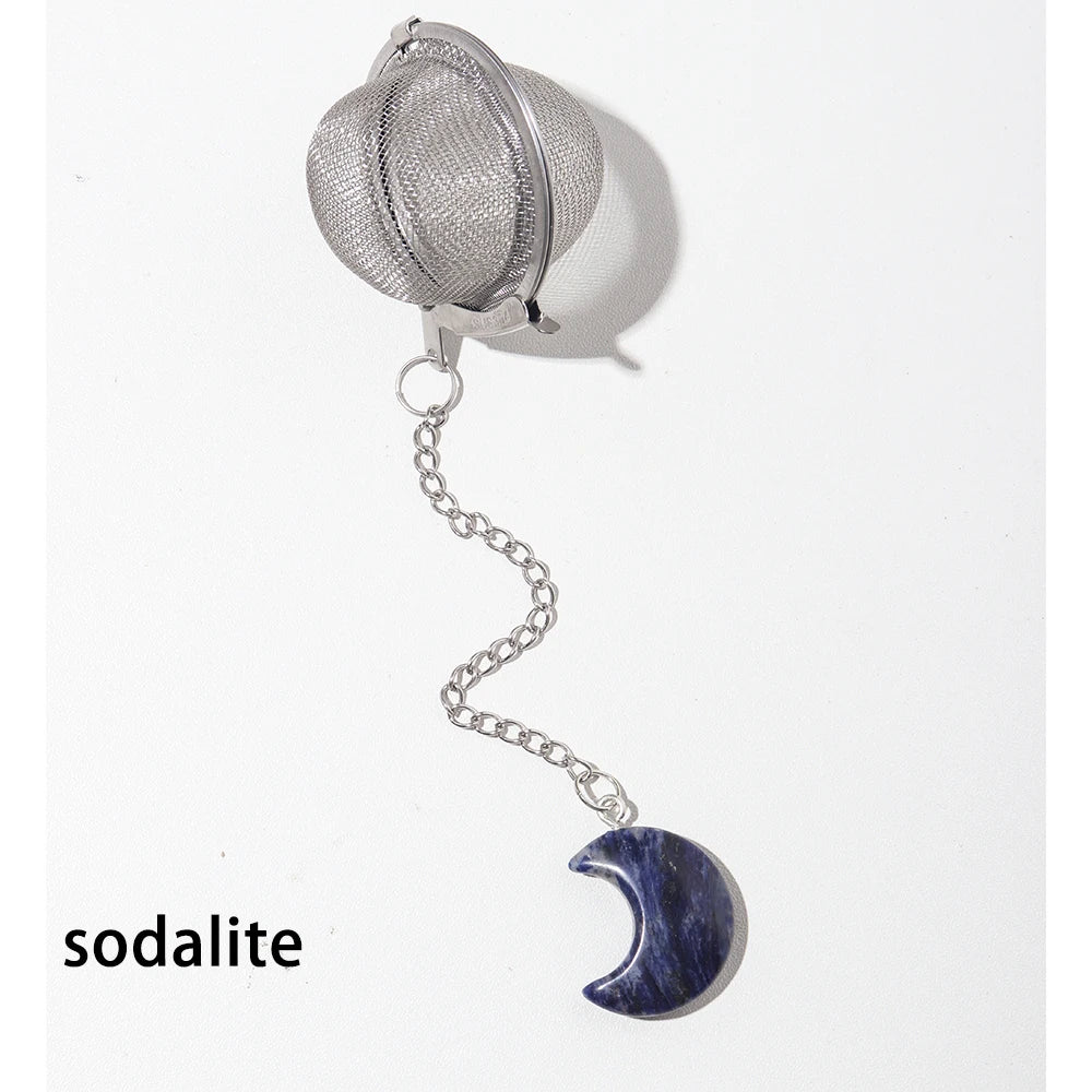 1PC Natural Crystal Moon Sculpture 304 Stainless Steel Tea Maker Tea Filter Moon Type Rose Quartz Pendant Decorative