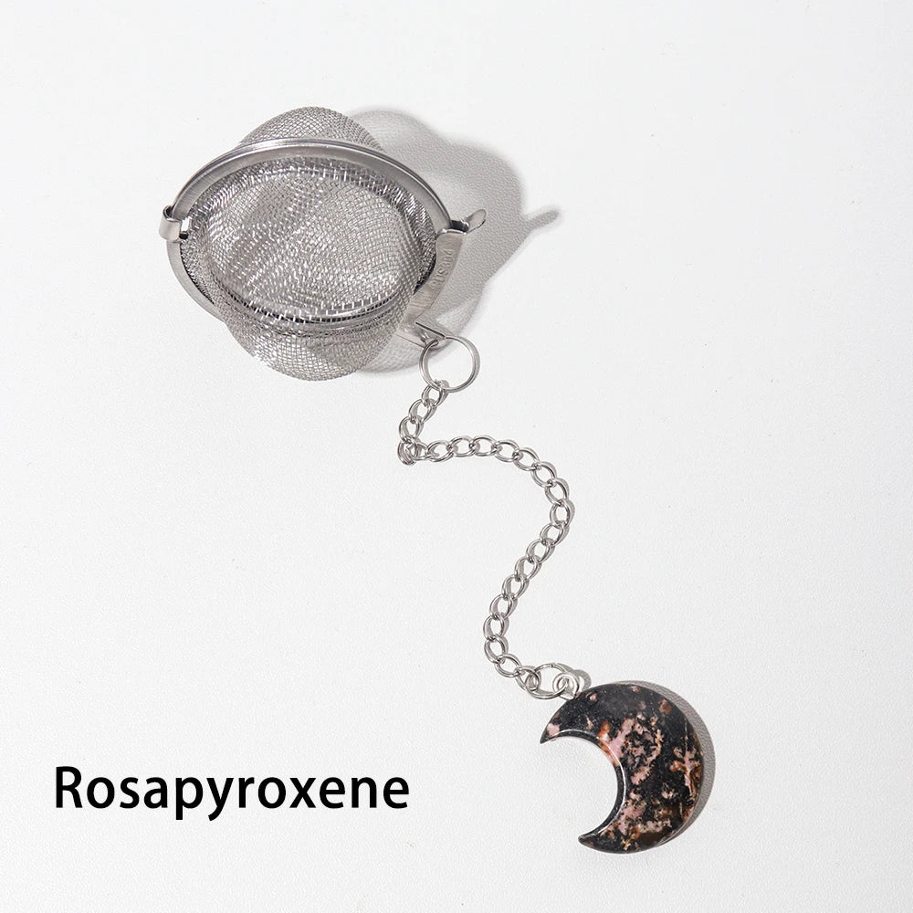 1PC Natural Crystal Moon Sculpture 304 Stainless Steel Tea Maker Tea Filter Moon Type Rose Quartz Pendant Decorative