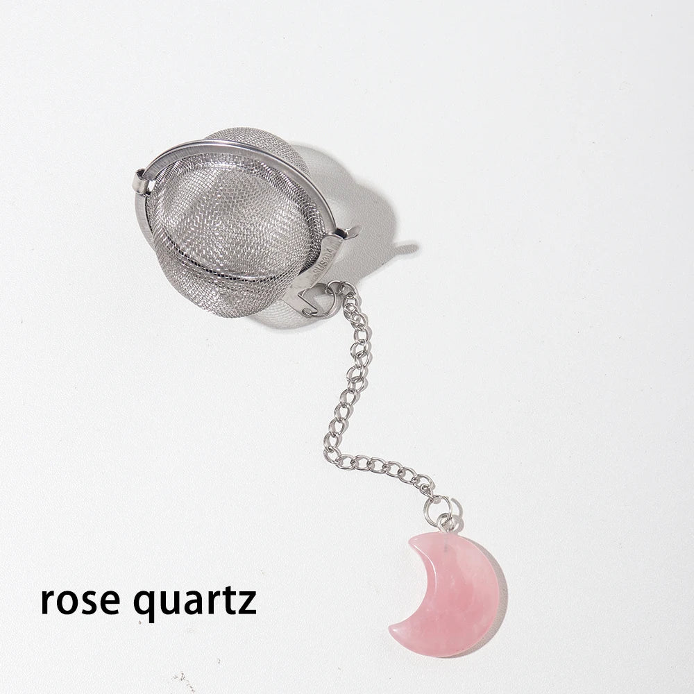 1PC Natural Crystal Moon Sculpture 304 Stainless Steel Tea Maker Tea Filter Moon Type Rose Quartz Pendant Decorative