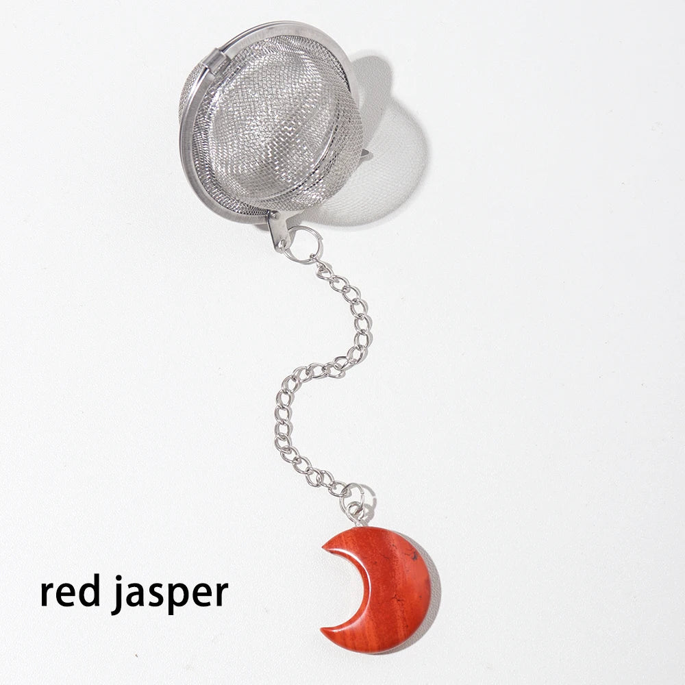 1PC Natural Crystal Moon Sculpture 304 Stainless Steel Tea Maker Tea Filter Moon Type Rose Quartz Pendant Decorative