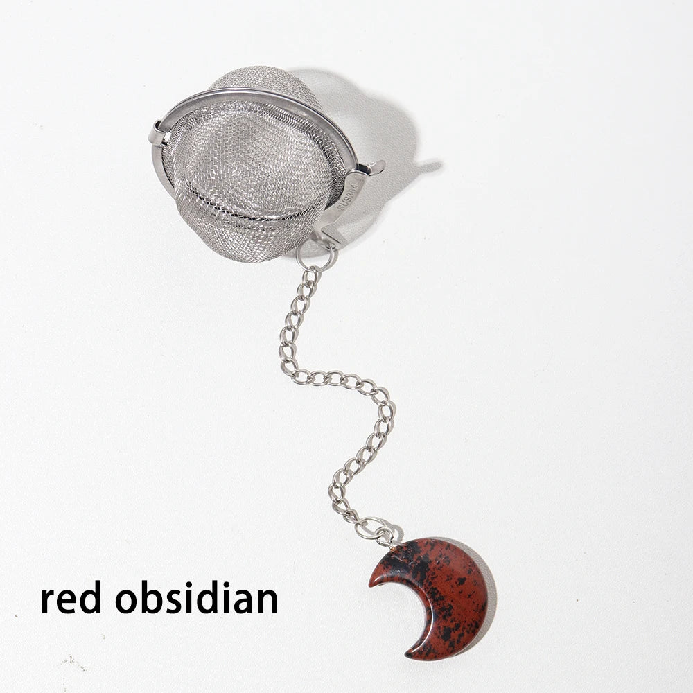 1PC Natural Crystal Moon Sculpture 304 Stainless Steel Tea Maker Tea Filter Moon Type Rose Quartz Pendant Decorative