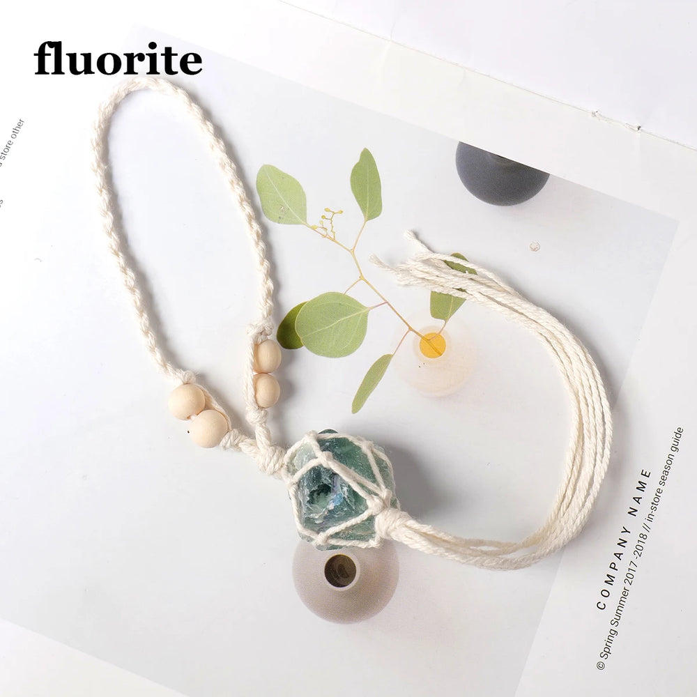 1PC Natural Crystal Raw Gemstone Hand Knitting Car Hanging Energy Harvesting Jewelry Vintage Car Decor Hanging Home Accessories