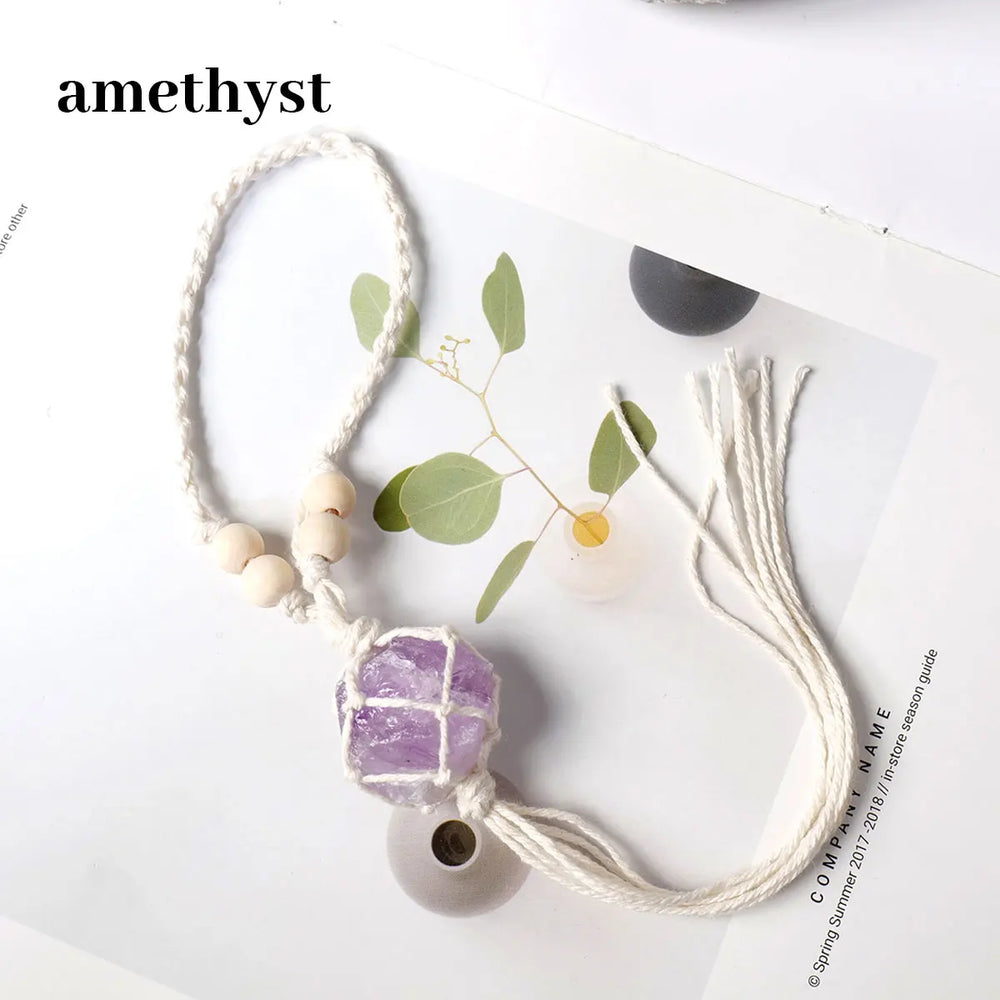 1PC Natural Crystal Raw Gemstone Hand Knitting Car Hanging Energy Harvesting Jewelry Vintage Car Decor Hanging Home Accessories