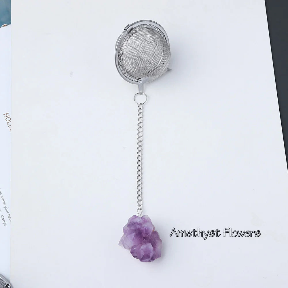 1PC Natural Stone Crystals Healing Stones Tea Filter Stainless Steel Tea Leak Proof Mesh Filter With Chain Eusable Creative