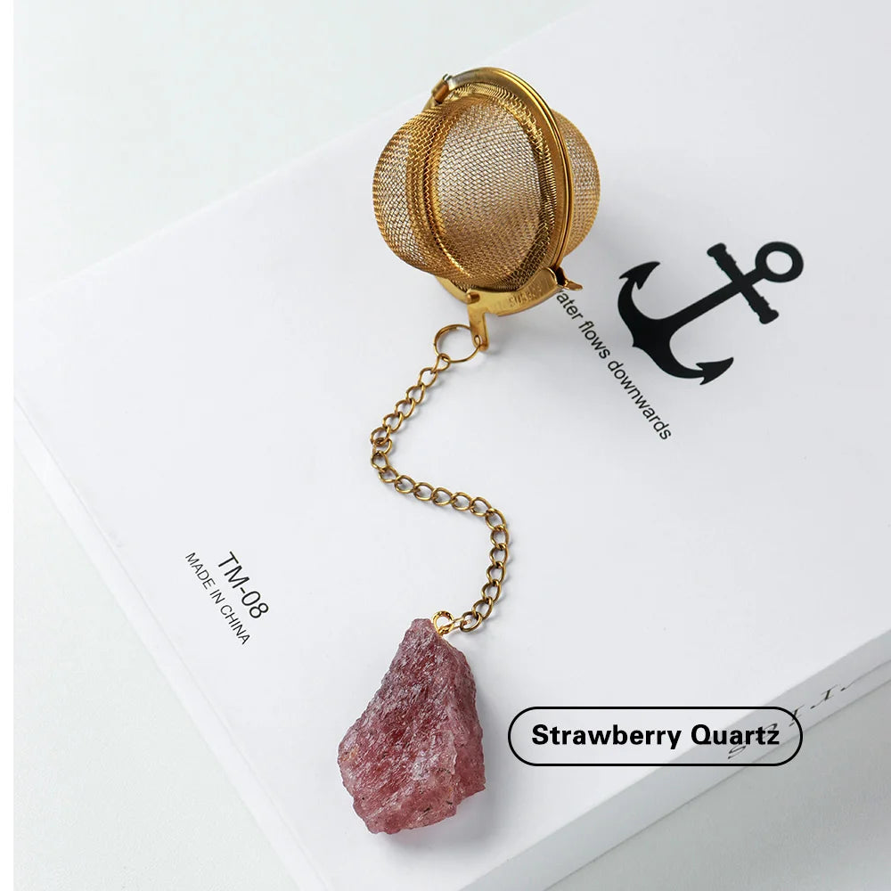 1PC Natural crystal Unpolised Rough stonet 304 stainless steel gold-plated tea maker Tea filter Crystal decoration crafts
