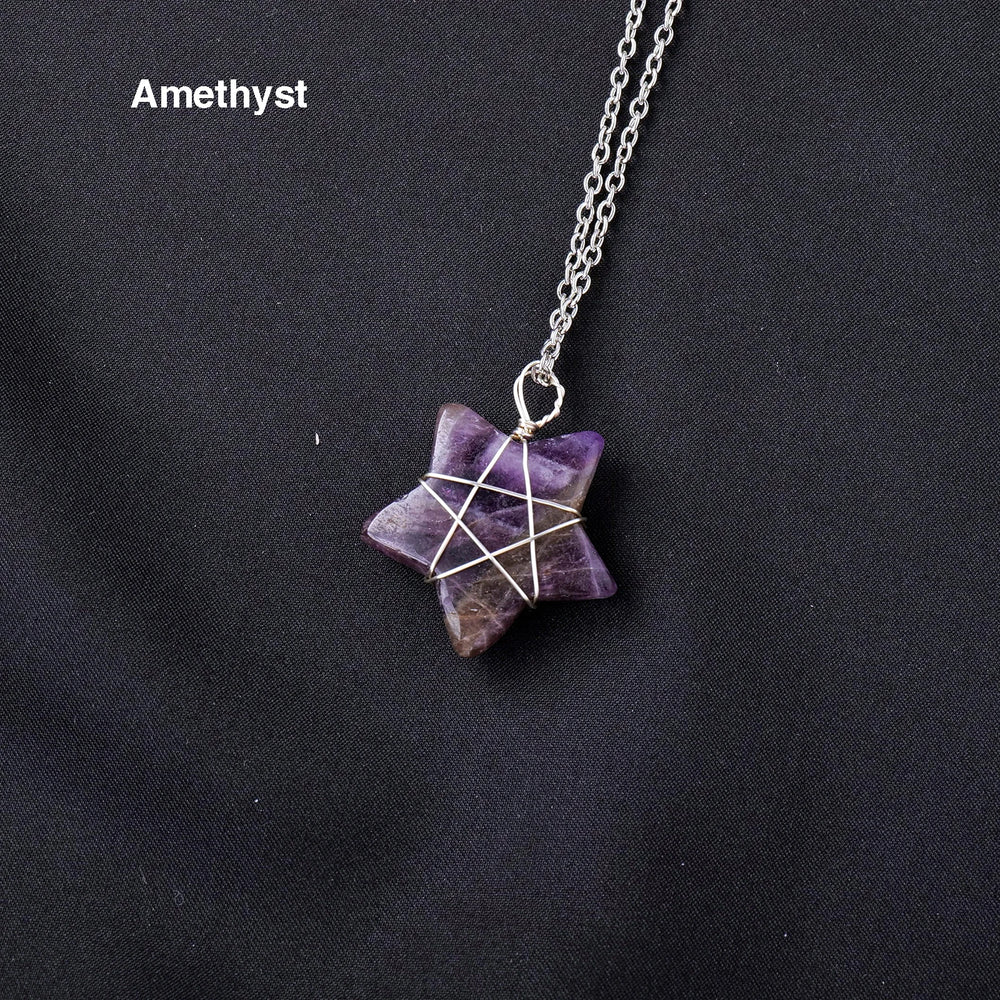 1Pc Natural Crystal Pentagram Pendant Pink Crystal Amethyst Necklace Healing Gem Jewelry Birthday Gift