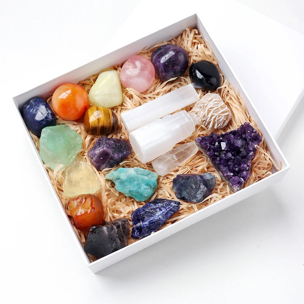 20pc Natural Crystal Gift Box Amethyst Raw Stone Treatment Gem Decoration Selenite Health Ornament