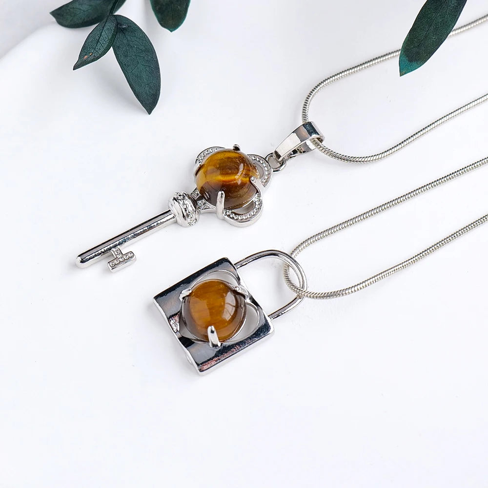 A Couple Lovers Jewelry  Natural Crystal Gemstone Rose Quartz Amethyst Key Lock Chain Couple Necklace