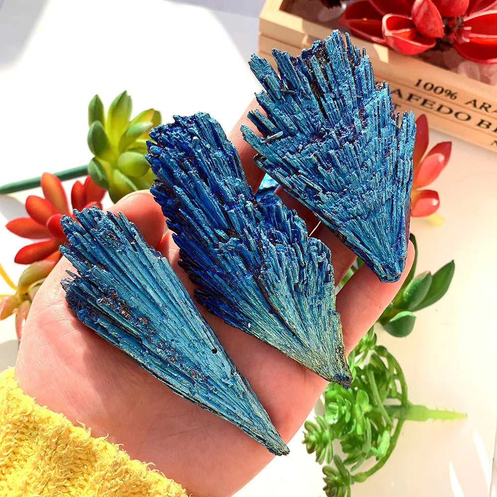 1PC Blue Feather Shaped Ore Natural Black Tourmaline Crystal stone marker Titanium Aura Quartz Gift Decor