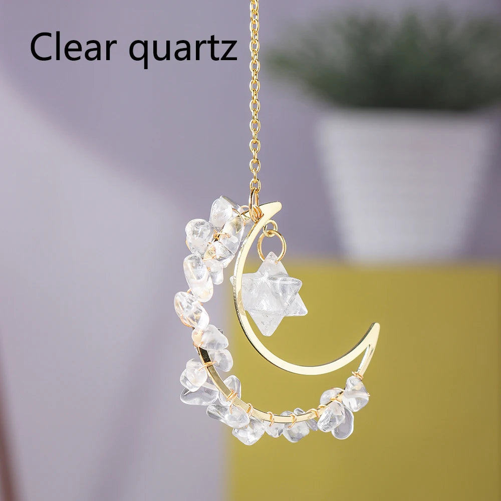 Natrual Colorful Crystal Gravels Merkaba Moon Shape Pendant Healing Amethyst Rose Quartz Trendy Jewelry Car Hangging Home Decor