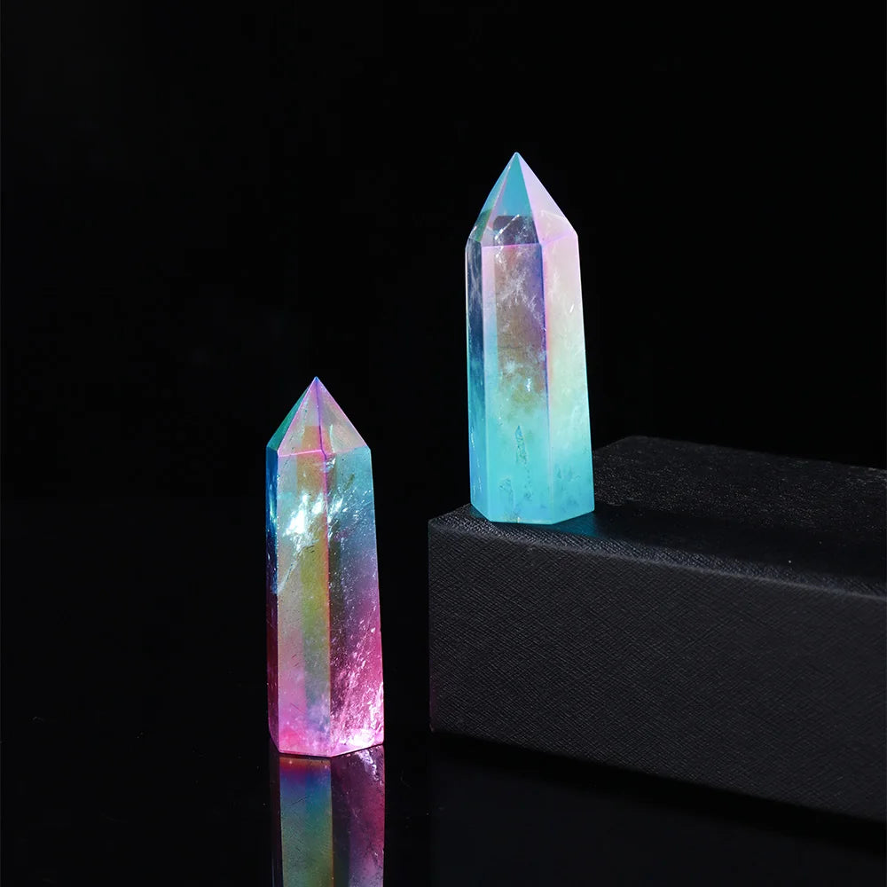 Natural Clear Quartz Crystal Point Electroplating rainbow Healing Wand Two color crystal column Reiki Hexagon ornament