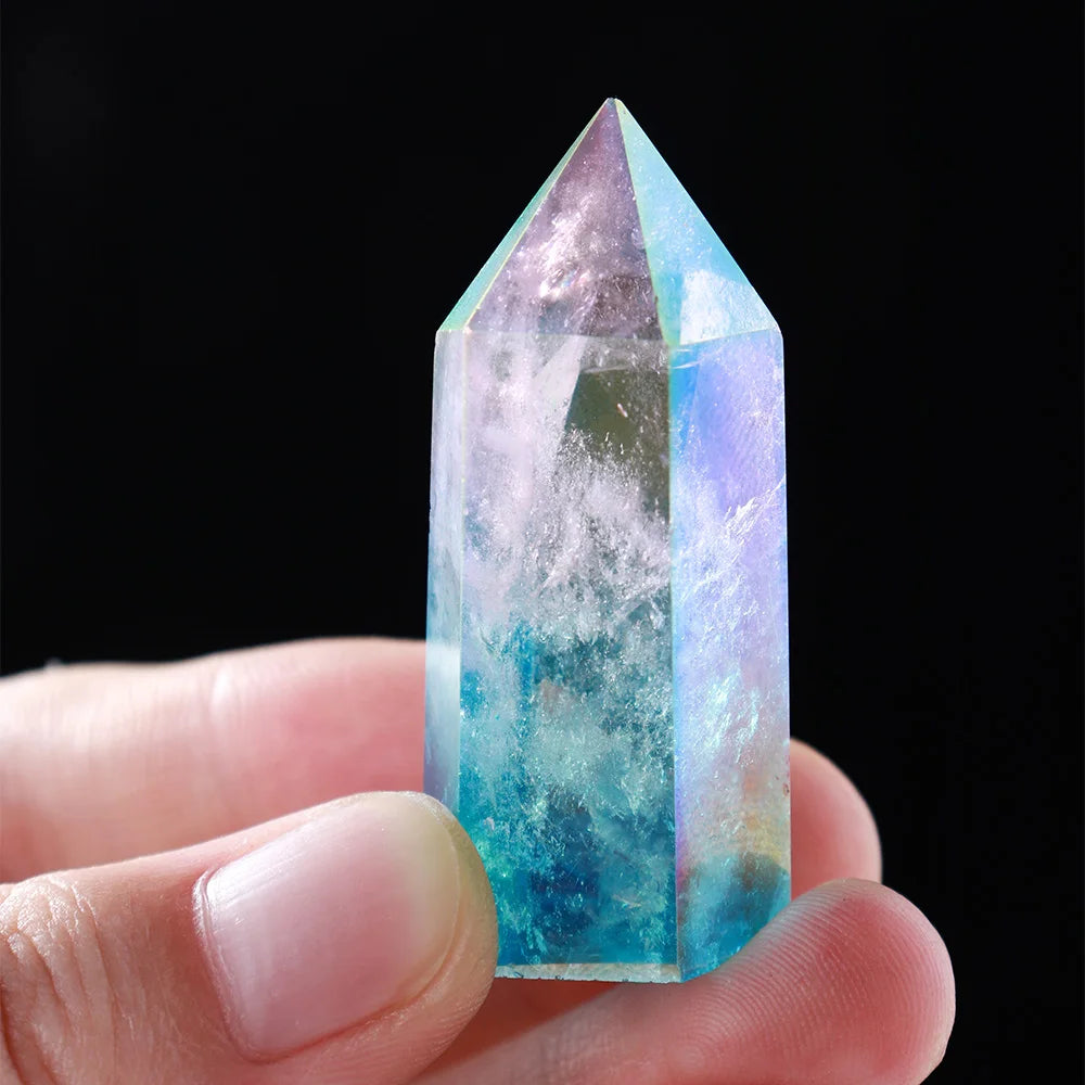 Natural Clear Quartz Crystal Point Electroplating rainbow Healing Wand Two color crystal column Reiki Hexagon ornament