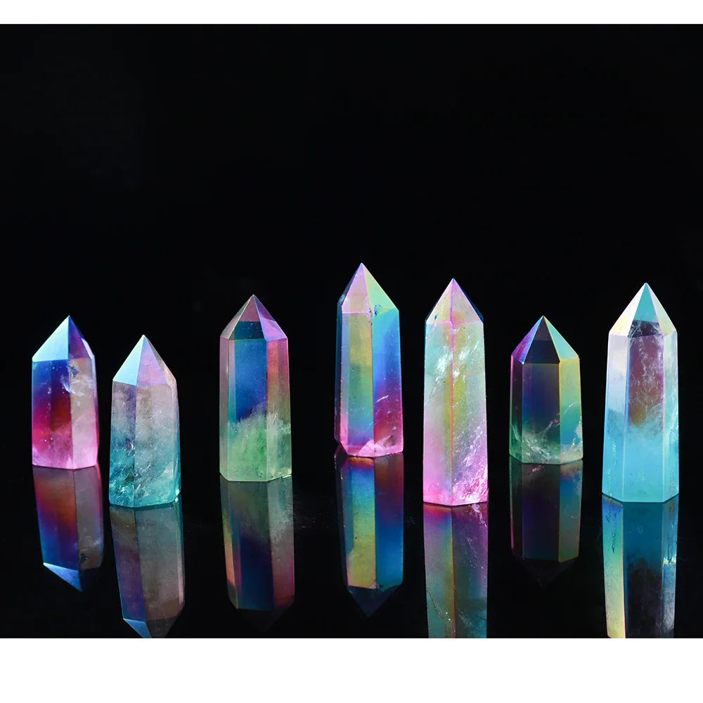 Natural Clear Quartz Crystal Point Electroplating rainbow Healing Wand Two color crystal column Reiki Hexagon ornament