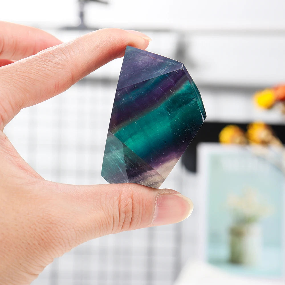 Natural Colorful striped fluorite Rainbow Fluorite irregular crystal gem Polyhedral geometry small night lamp ornament