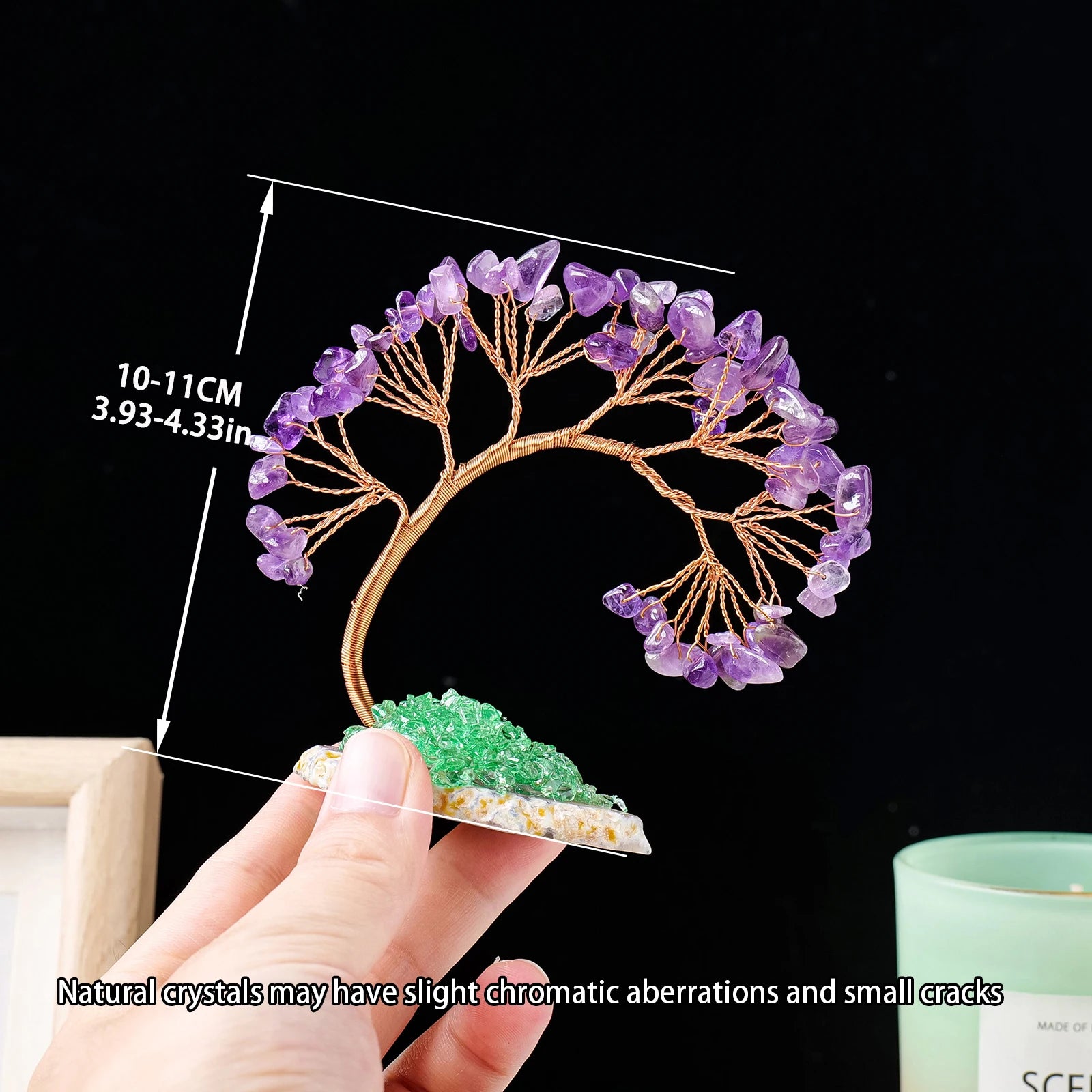 Natural Crystal Lucky Tree Copper Wire Winding Amethyst Gravel With Agate Slice Base Home Decoration Money Trees