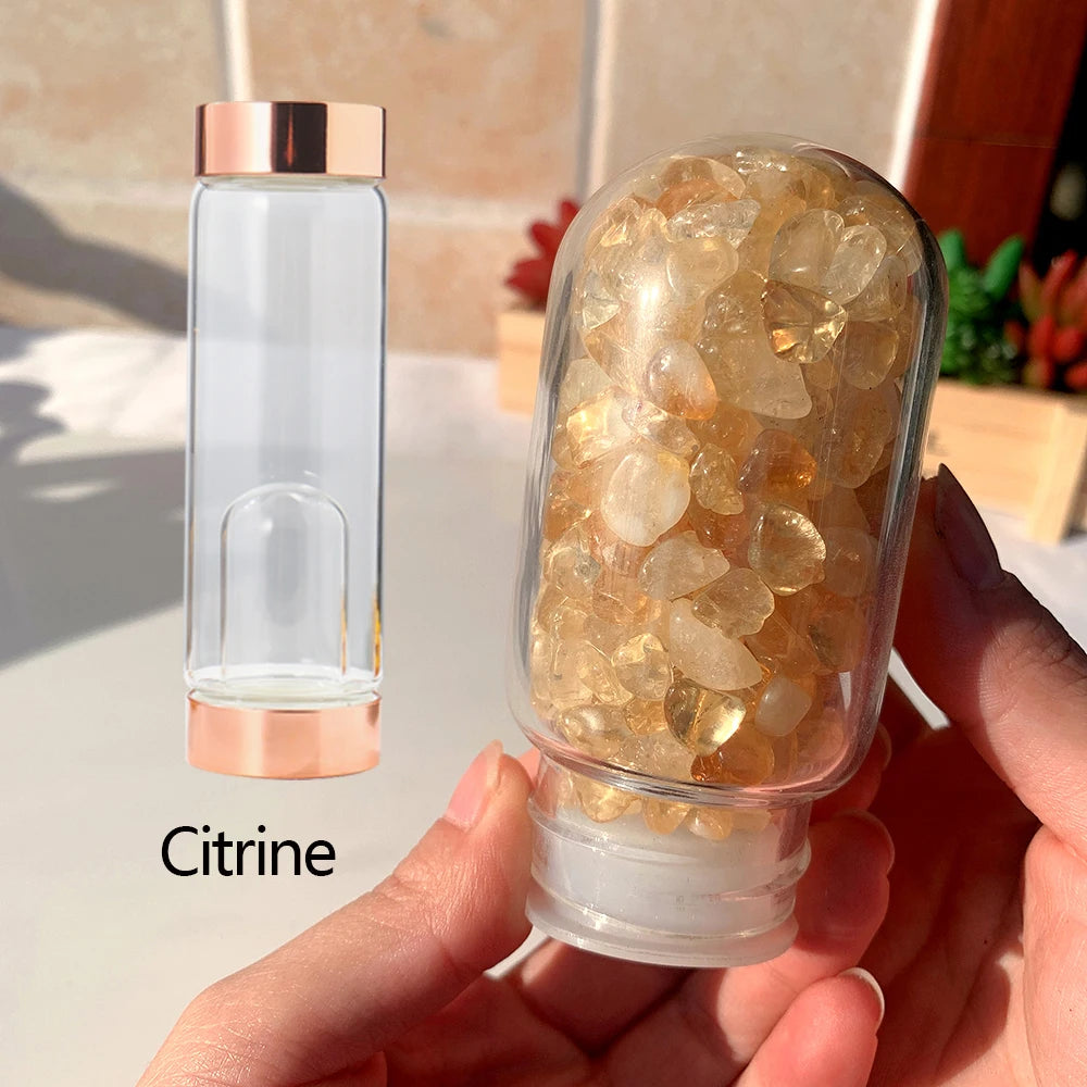 Natural Crystal Rose Gold Glass Water Bottle Amethyst Rose Quartz Gravel Gemstone Healing Glass Elixir Drink Bottle Gift