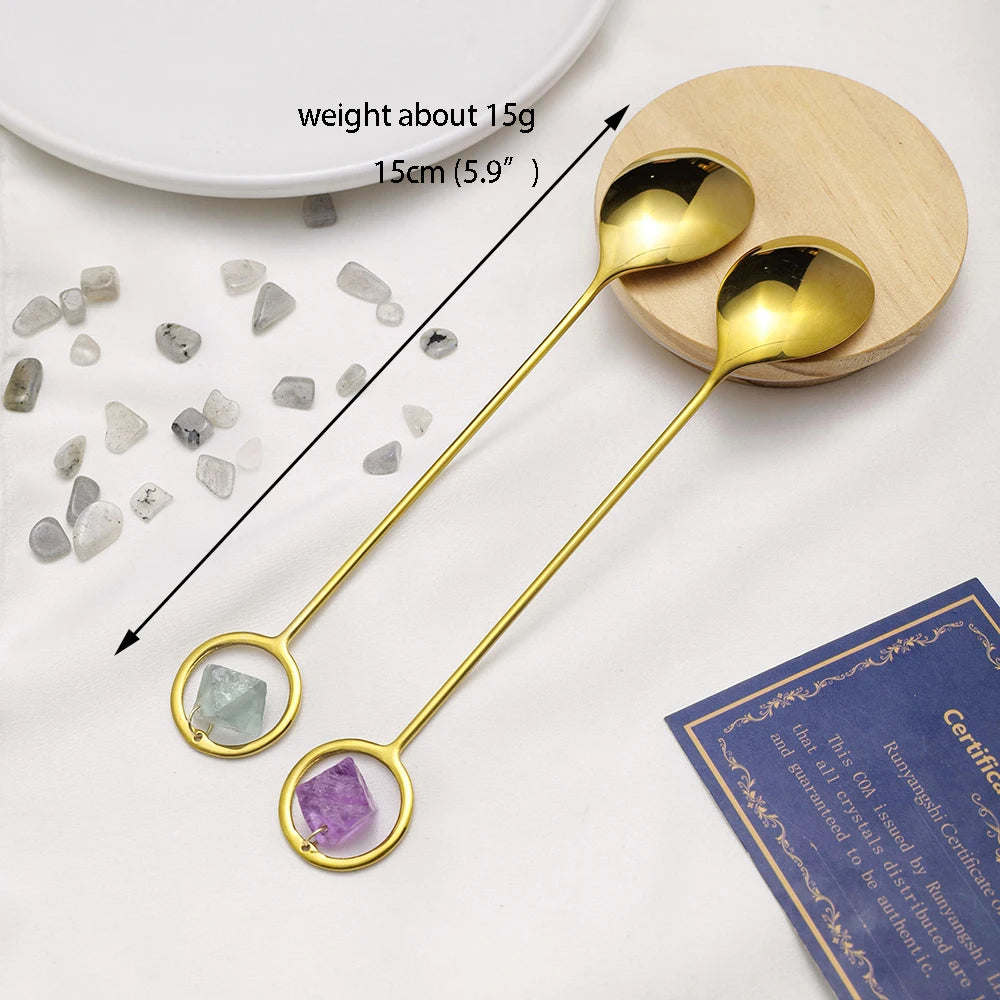 Natural Crystal Spoon Colorful Fluorite Polyhedral Decorative Gem Small Coffee Tea Mini Spoon Cafeteria Station Accessories