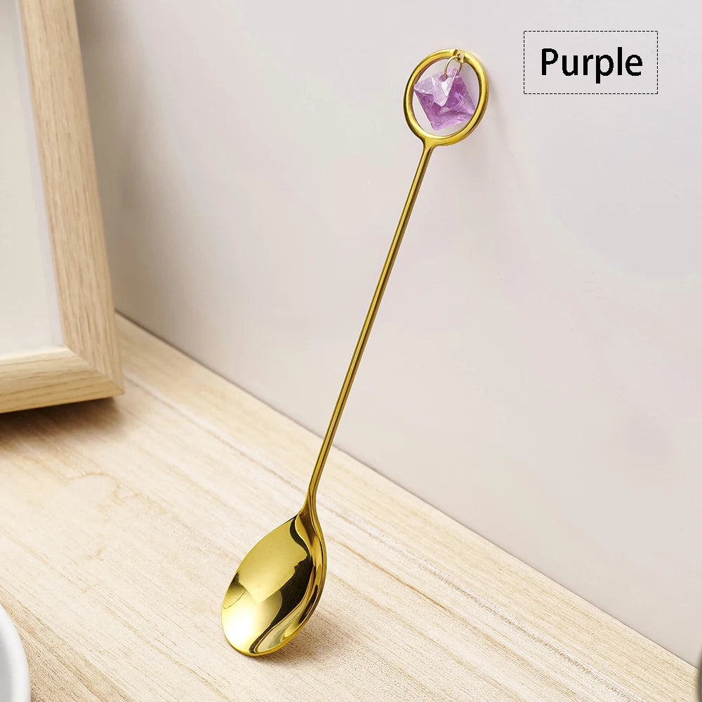 Natural Crystal Spoon Colorful Fluorite Polyhedral Decorative Gem Small Coffee Tea Mini Spoon Cafeteria Station Accessories