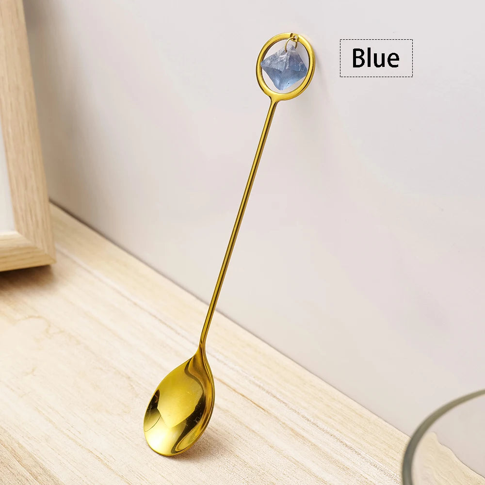 Natural Crystal Spoon Colorful Fluorite Polyhedral Decorative Gem Small Coffee Tea Mini Spoon Cafeteria Station Accessories
