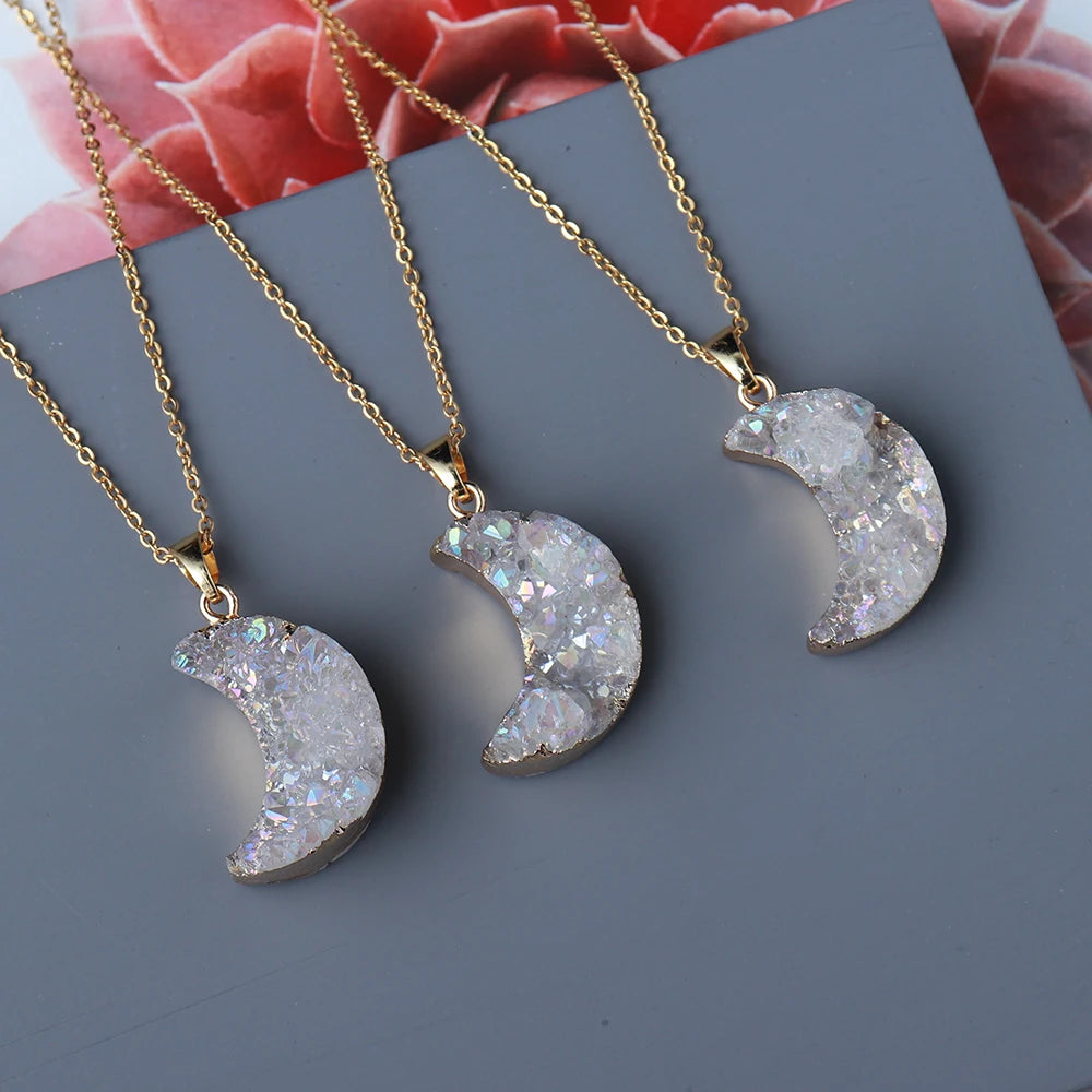Natural Crystal plating AB color cluster 18K Gold White Moon Pendant healing stone Jewelry Necklace for woman gifts