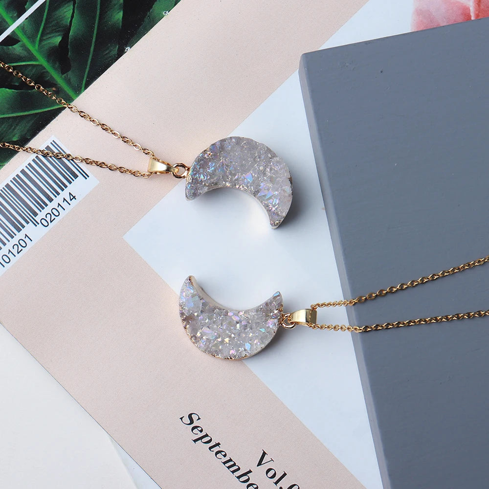 Natural Crystal plating AB color cluster 18K Gold White Moon Pendant healing stone Jewelry Necklace for woman gifts