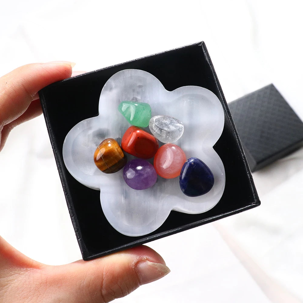 Natural Flower Shape White Selenite Crystal Bowl Carving Seven Chakra Therapy Stone Healing Gemstone With Gifts Box